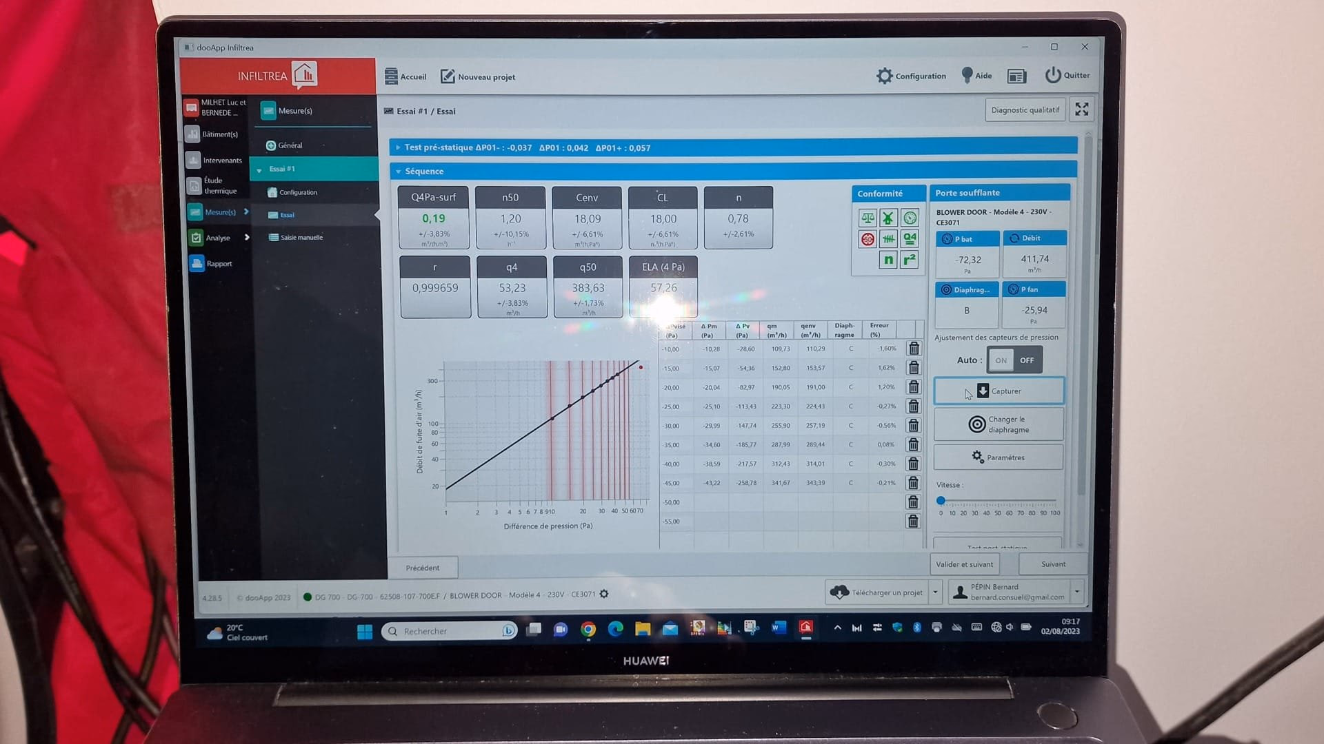 Résultat du test de perméabilité à l’air – interface Infiltrea Écran de contrôle d’un test de perméabilité à l’air via le logiciel Infiltrea – résultat conforme RE2020