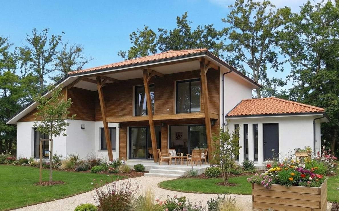 Façade d'une maison contemporaine lumineuse avec bardage bois et toiture traditionnelle construite à Gastes par Landes Habitat.