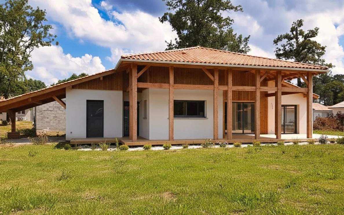 Façade d'une maison neuve plain-pied avec structure bois apparente et toiture traditionnelle construite à Castets.