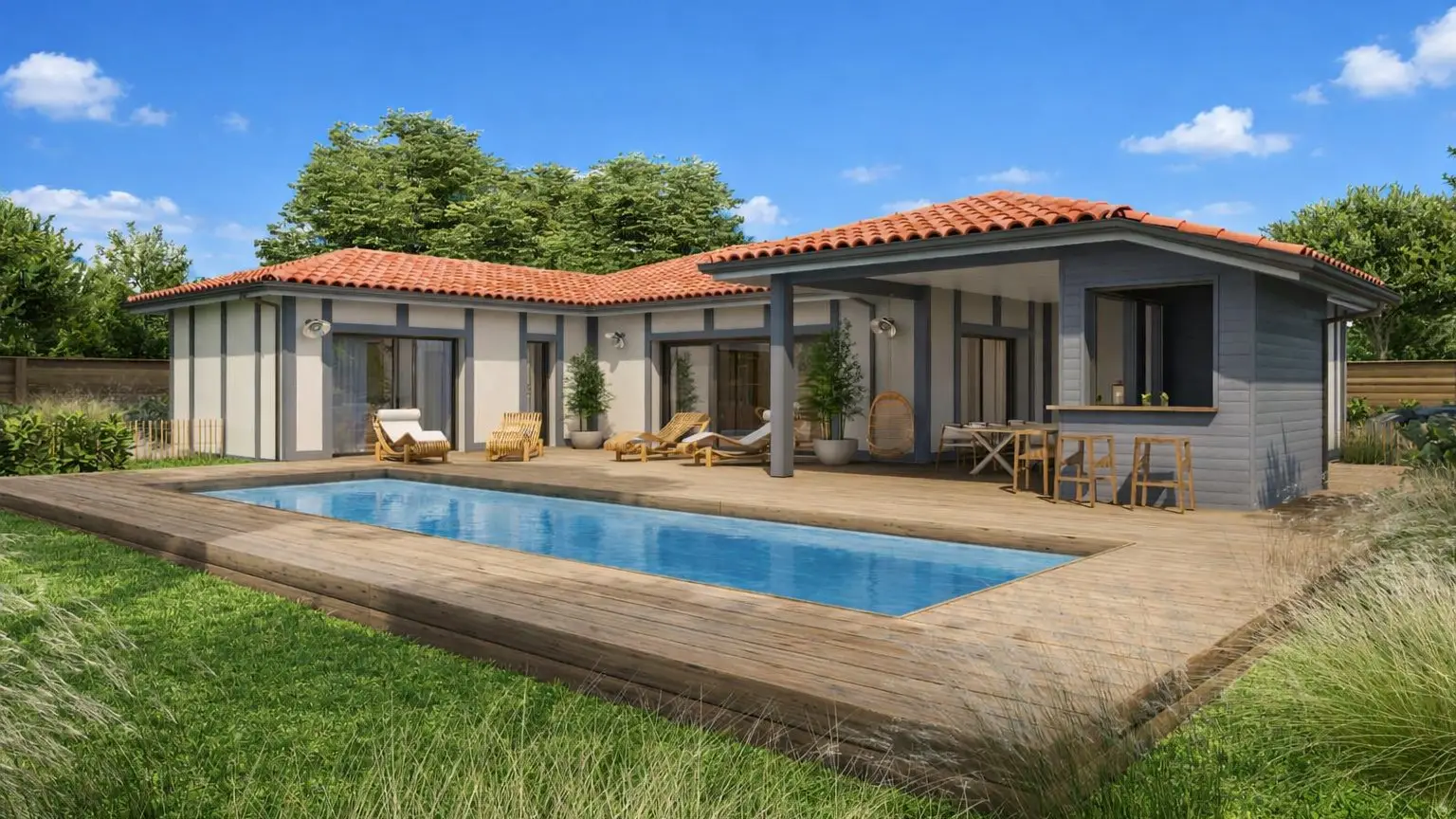 Maison contemporaine néo-landaise avec terrasse en bois - Landes Habitat