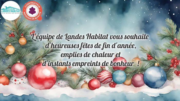 Carte de vœux de Noël illustrée de branches de sapin, de boules colorées et d'un texte de vœux.