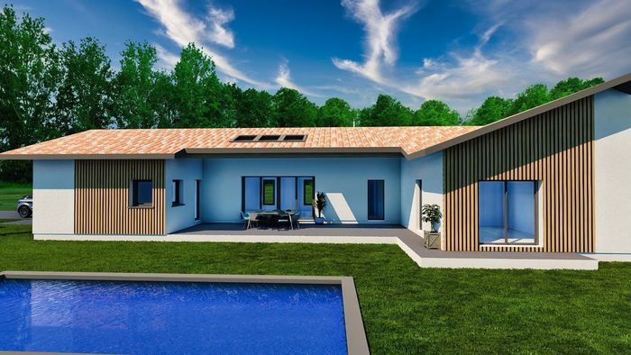 Maison moderne de plain-pied avec toiture en tuiles et bardage bois, dotée d'une piscine et d'un grand jardin.