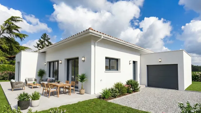 Extérieur d'une maison contemporaine de plain-pied construite à Saint-Geours-de-Maremne par Landes Habitat, avec terrasse aménagée et garage accolé