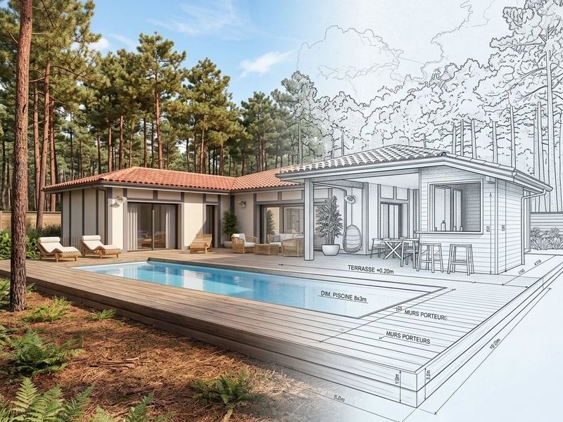 Schéma 3D et croquis technique d'une maison neuve et évolutive Airial dans les Landes