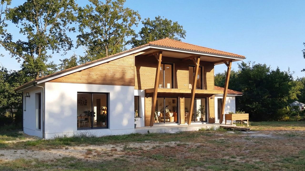 Maison moderne avec terrasse bois construite par Landes Habitat à Gastes