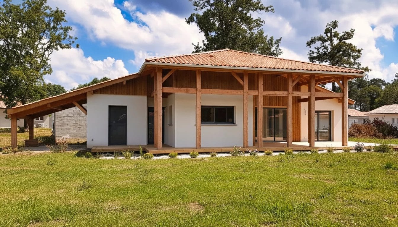 Façade d'une maison neuve plain-pied avec structure bois apparente et toiture traditionnelle construite à Castets.